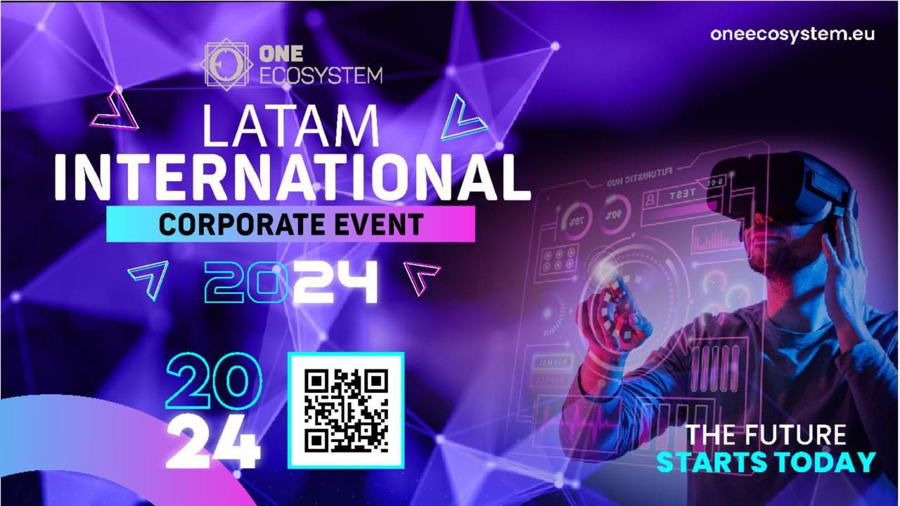 Promotional graphic para sa LATAM International Corporate Event 2024 ng One Ecosystem. Nagtatampok ito ng mga QR code, futuristic visual, at isang tao na may suot na VR headset upang makipag-ugnay sa mga digital na elemento. Ang Columbia Deal Shaker Expo ay isa pang kaganapan na dapat panoorin.