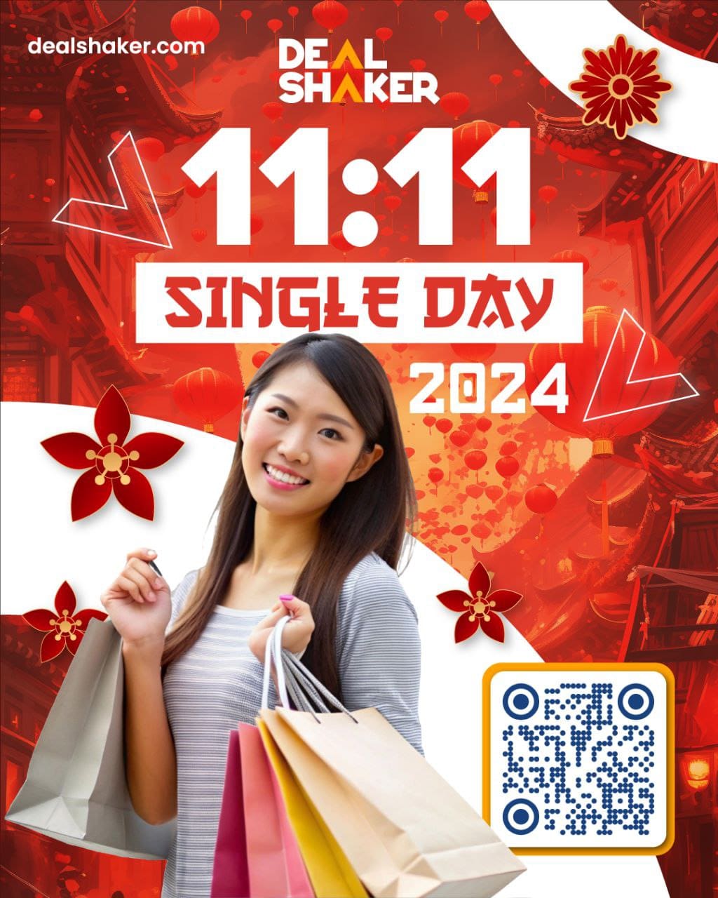 Ipinagdiriwang ng isang nakangiting babae ang Double Eleven na may kaguluhan ng DealShaker na may hawak na shopping bag na may "Singles' Day at 11:11 2024" na may QR code sa isang maliwanag na pulang background ng pagdiriwang.