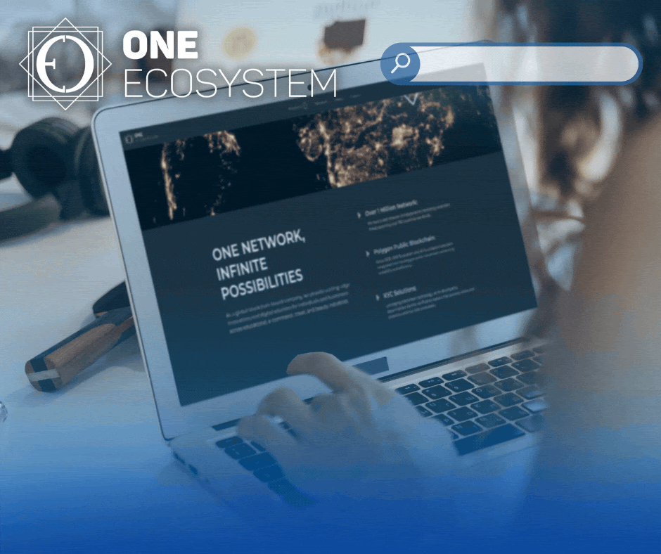 Isang tao na gumagamit ng isang laptop habang nagbubukas ng isang website na may label na "ONE NETWORK, INFINITE POSIBILITYS". Sa itaas, makikita mo ang logo ng "ONEECOSYSTEM" at isang graphic ng search bar.
