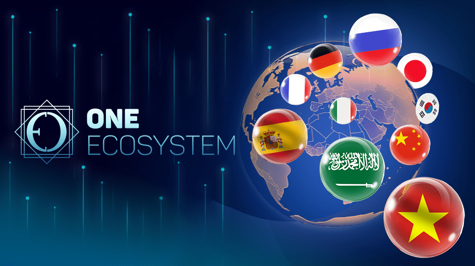 Digital na paglalarawan ng globo na may iba't ibang watawat na iginuhit sa mga bula. Gayundin perpekto bilang isang materyal sa advertising: "Isang ecosystem.