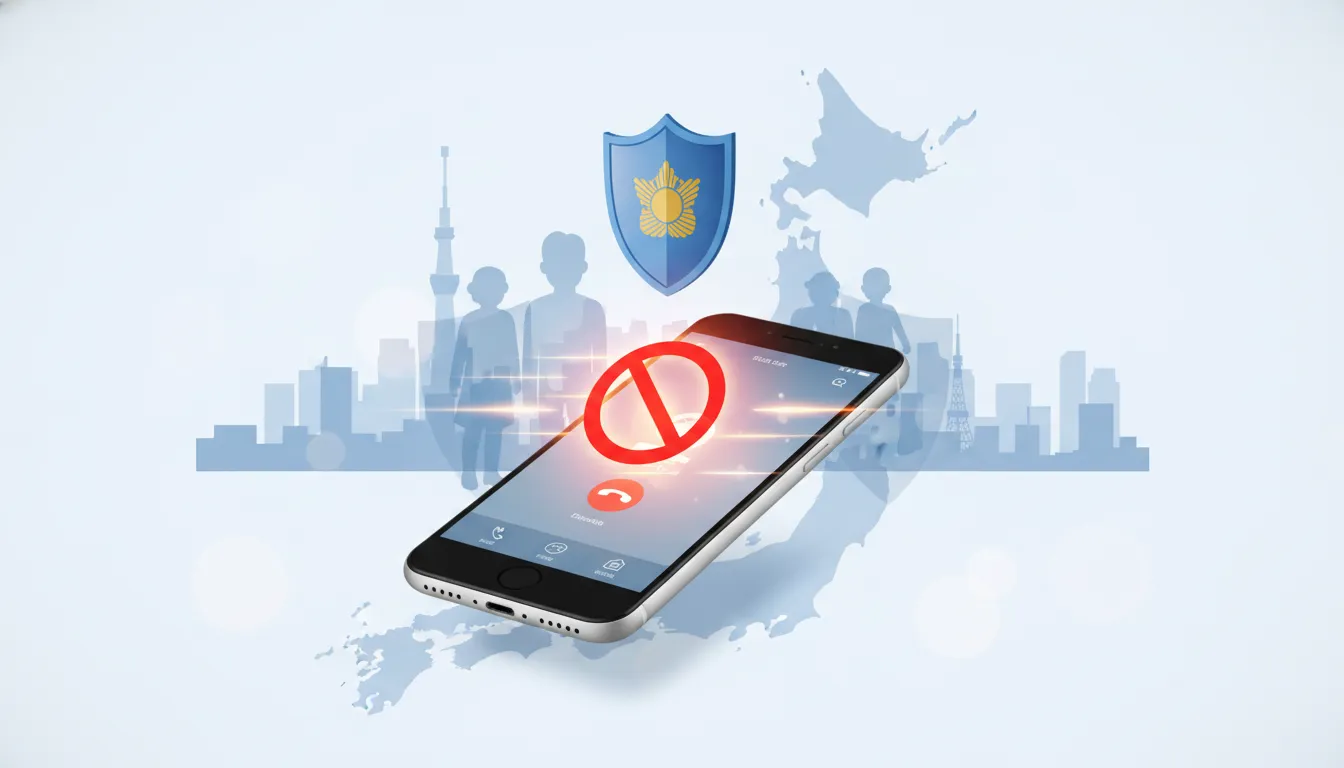 May background ng mapa ng Hapon at mga lansangan, na may iginuhit na mga icon ng pulisya at kalasag, na nagpapahiwatig ng pag-block ng tawag at mga hakbang sa seguridad.