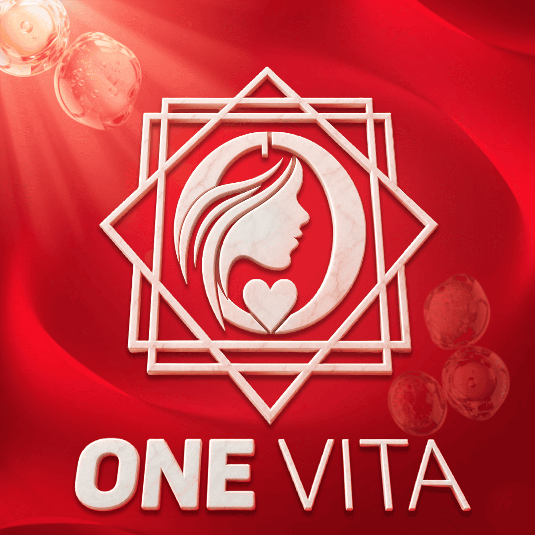 「One Vita」という文字の上には、流れるような髪をした女性の横顔と、幾何学的な形の中にハートが描かれた白いロゴがあり、柔らかな光と細胞のような形が散りばめられた鮮やかな赤色の背景の上で、リポソーム スキンケアの本質を象徴しています。.